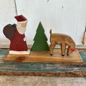 Vintage Wood Hand Carved Hand Painted Santa Reindeer Christmas Scene Unmarked